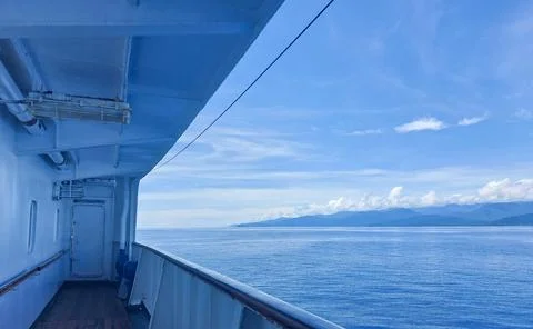 Passenger Ferry Deck Overlooking Calm Blue Sea. Stock Photos