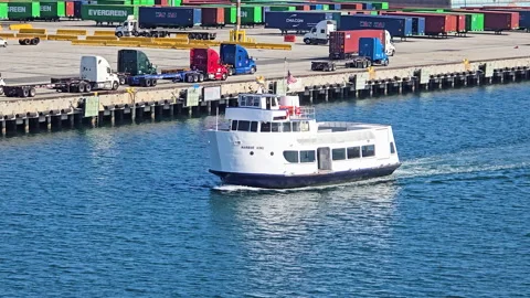 Passenger ferry passing container terminal Port of Los Angeles San Pedro Видео 331157954
