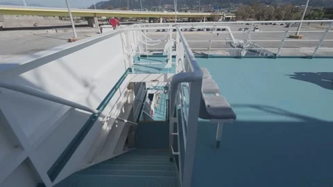Passenger ferry ramp open with empty deck before boarding begins Stock Footage 338106137