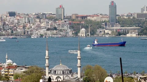 Passenger ferry sails across the Bosphorus strait in Istanbul, Turkey Stock Footage 316894418