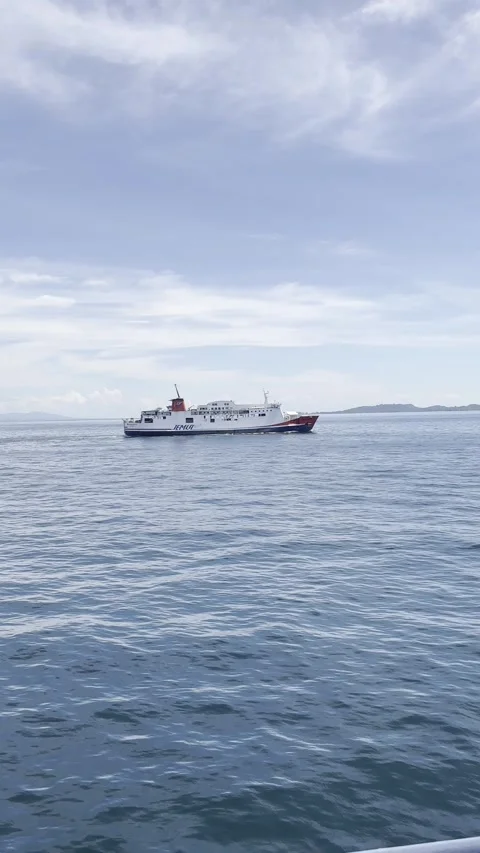 Passenger Ferry Ship on Open Sea with Wide Horizon View Stock Footage 332456125