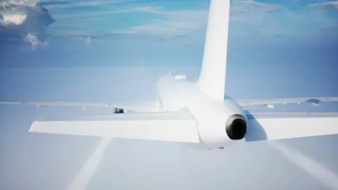 Passenger flying Plane animation. Daylight, clouds. A condensation trail of an Stock Footage 85496441