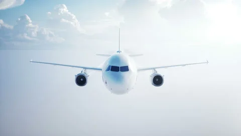 Passenger flying Plane animation. Daylight, clouds. A condensation trail of an Video stock 85496653