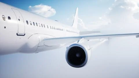 Passenger flying Plane . Daylight, clouds. A condensation trail of an airplane Stock Illustration