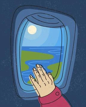 Passenger hand resting on airplane window Stock Illustration