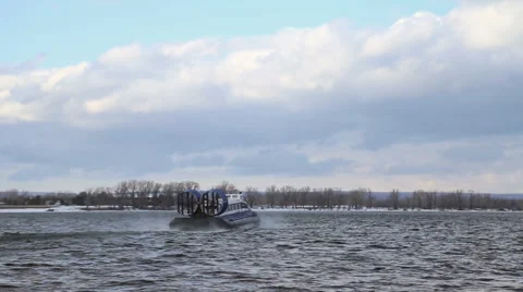 Passenger hovercraft floating on the river Stock Footage 61221585