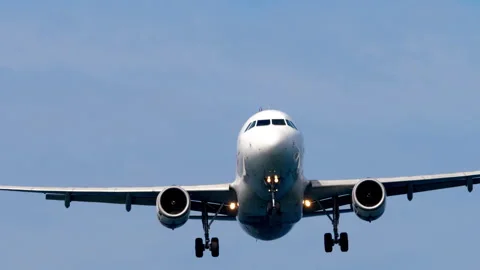 Passenger jet approaching for landing head on in clear blue sky Stock Footage 346850287