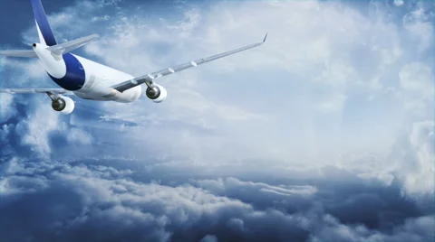 Passenger jet flying above the clouds towards the horizon. Blue version. Stock Footage 44560137