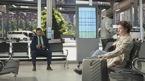 Passenger looking at bus connections information board screen, carrying baggage Stock Photos