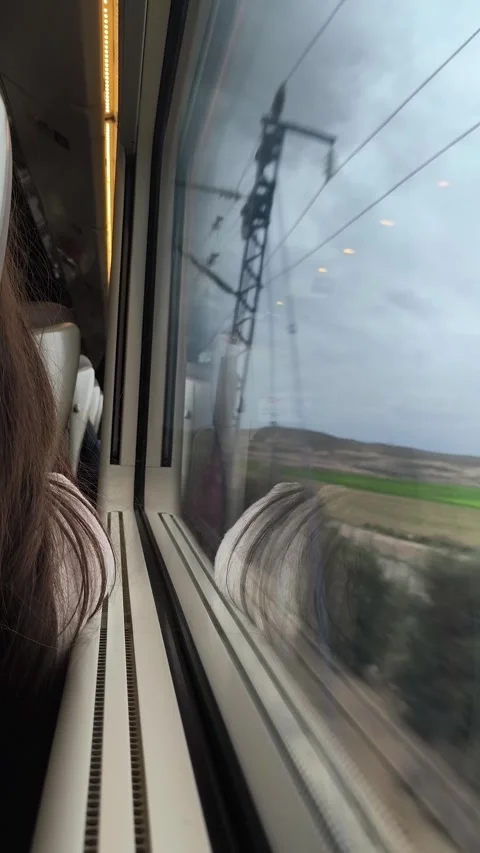 Passenger observing desert landscape from high speed train window Video stock 306135486
