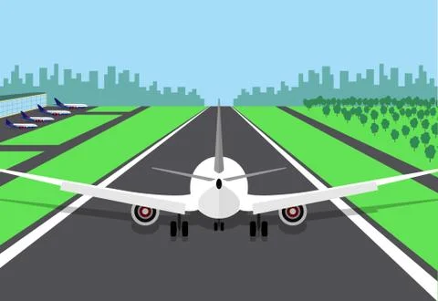 Passenger plane at the beginning of the runway, preparing for take off. Vecto Stock Illustration