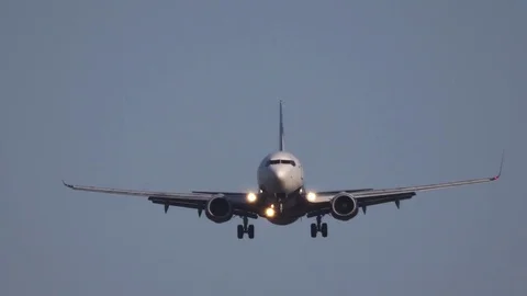 The passenger plane comes to land. Front view. There are pilots in the cockpit. Video stock 75048287