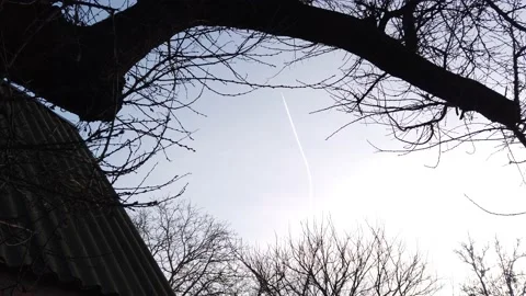 A passenger plane flies high in the sky and leaves a smoke trail behind it. 動画素材 169494472