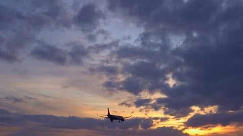 Passenger plane flies overhead. Sunset in the background. UltraHD stock footage Video stock 105701797