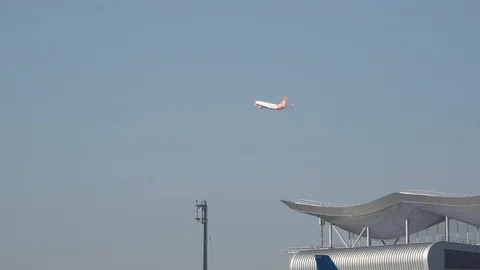 Passenger plane fly up over take-off runway from airport. Kyiv, Ukraine 16.09 Stock Footage 115986049