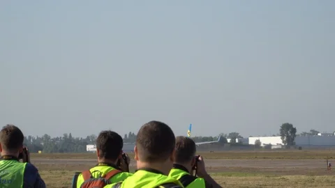 Passenger plane fly up over take-off runway from airport. Kyiv, Ukraine 16.09 Stock Footage 115986084