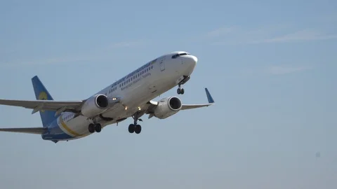 Passenger plane fly up over take-off runway from airport. Kyiv, Ukraine 16.09 Stock Footage 117195516