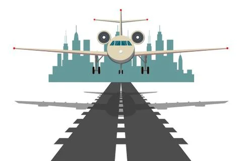 Passenger plane fly up over take-off runway from airport at sunset Stock Illustration