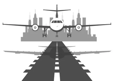 Passenger plane fly up over take-off runway from airport at sunset. Flat design Stock Illustration