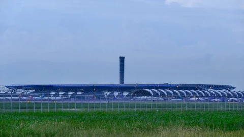 Passenger plane fly up over takeoff runway airport Video stock 77478720