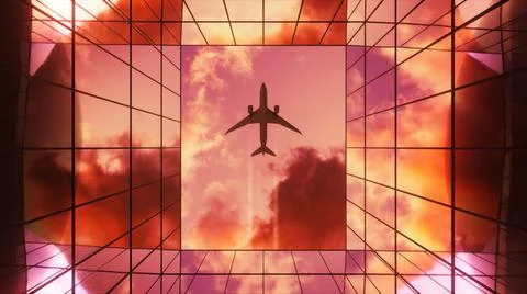Passenger plane flying in the sky with clouds over a modern glass building at Ilustración de archivo