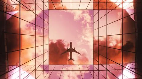 Passenger plane flying in the sky with clouds over a modern glass building at Ilustración de archivo