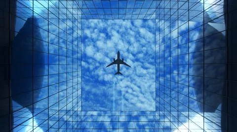 Passenger plane flying in the sky with clouds over a modern glass building. B Ilustración de archivo