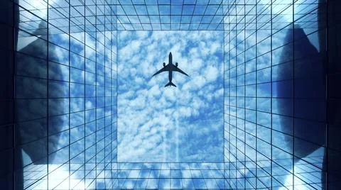 Passenger plane flying in the sky with clouds over a modern glass building. B Ilustración de archivo