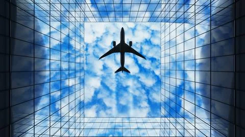 Passenger plane flying in the sky with clouds over a modern glass building. B Ilustración de archivo