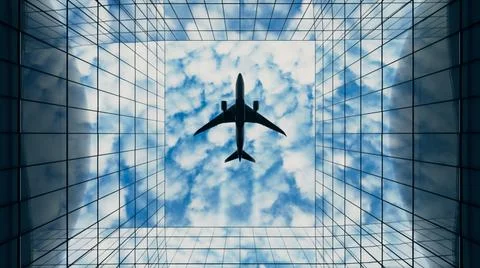 Passenger plane flying in the sky with clouds over a modern glass building. B Ilustración de archivo
