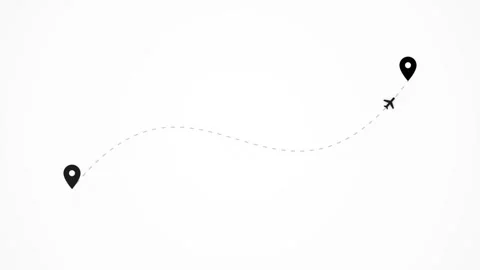 Passenger Plane Icon. Airplane icon flying on dashed path between location pin Stock Footage 340549880
