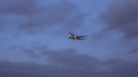 Passenger plane takes off. background blue sky and purple clouds. Evening time. Video stock 105700897