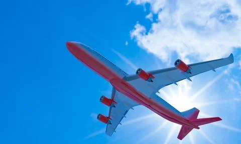 Passenger plane White red stripes flying in the sky on a bright blue day, w.. Stock Illustration