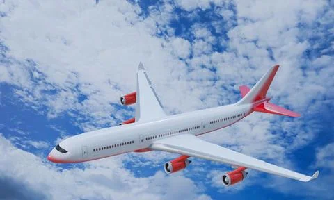 Passenger plane White red stripes flying in the sky on a bright blue day, w.. Illustrazione stock