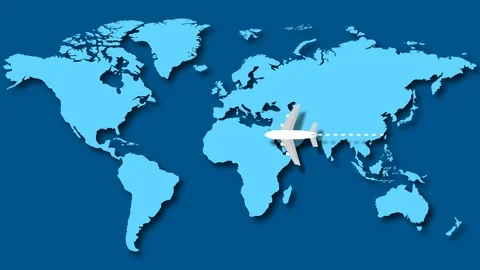 Passenger planes flying over world map . Stockbeeldmateriaal 125736882