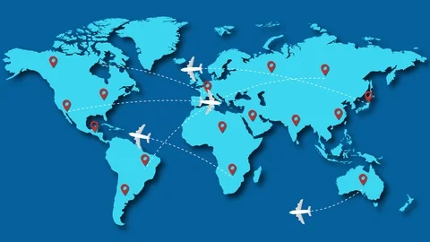 Passenger planes flying over world map . Stock Footage 125746148