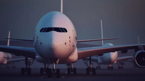 Passenger planes standing on the runway captured with a long-focus lens Video stock 282851382