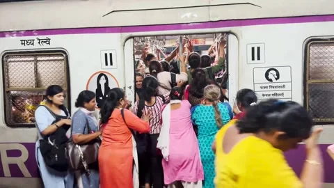 Passenger Rush to Board Local Train at Dadar station Mumbai city. 4K (Dangerous) Stock Footage 247119565