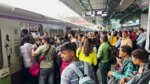 Passenger Rush to Board Local Train at Dadar station Mumbai city. 4K Stock Footage 249250780