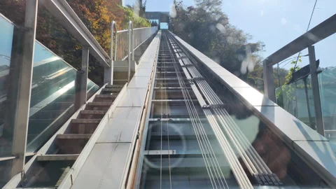 Passenger sees modern cable railway mechanism and track view. This modern cable Stock Footage 325064748