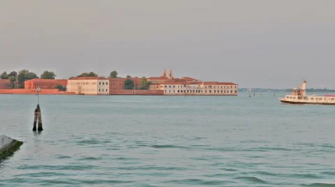 Passenger sheep on motor boat float through Venice sea landscape panorama Stock Footage 67408185