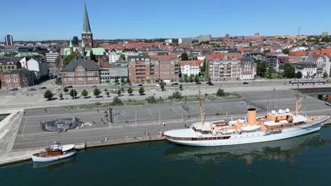 Passenger Ship Docked Along Aarhus City Waterfront, Denmark Stock-Footage 344953293