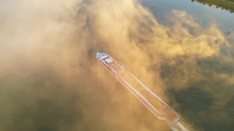 Passenger ship flowing on the Rhone River in the morning with a thick fog. Stock Footage 219964269