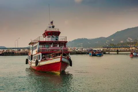 Passenger ship in front of the harbor docks of the island of Koh Samui Thaila Stock Photos