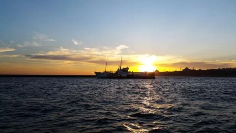 Passenger ship moves at the distant Stock Photos