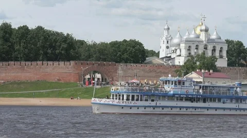 Passenger ship with tourists floating on river Stock Footage 81032212