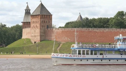 Passenger ship with tourists floating on river Stock Footage 81032874