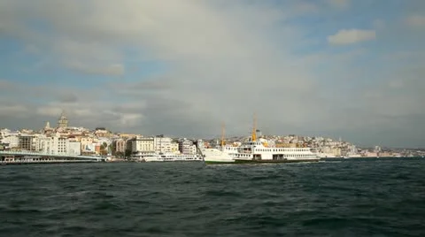 Passenger ships in the gulf of the Golden Horn in Istanbul, Turkey Stock Footage
