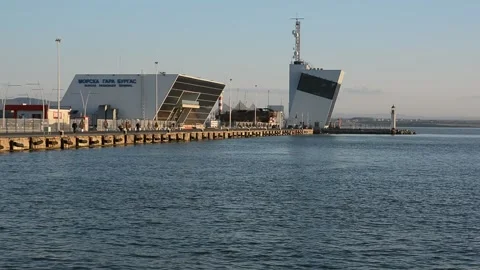 Passenger terminal and control tower of the seaport of Burgas, Bulgaria Stockbeeldmateriaal 152776299