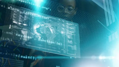 Passenger tilting head toward smartphone and activating AR globe for viewing Stock Footage 311141163